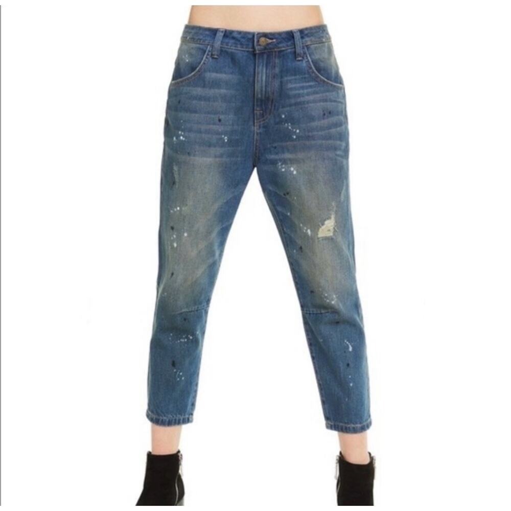 Wildfox Women's 26 Baggy Jeans Crop Da Vinci Distressed Paint Splatter Loose Fit